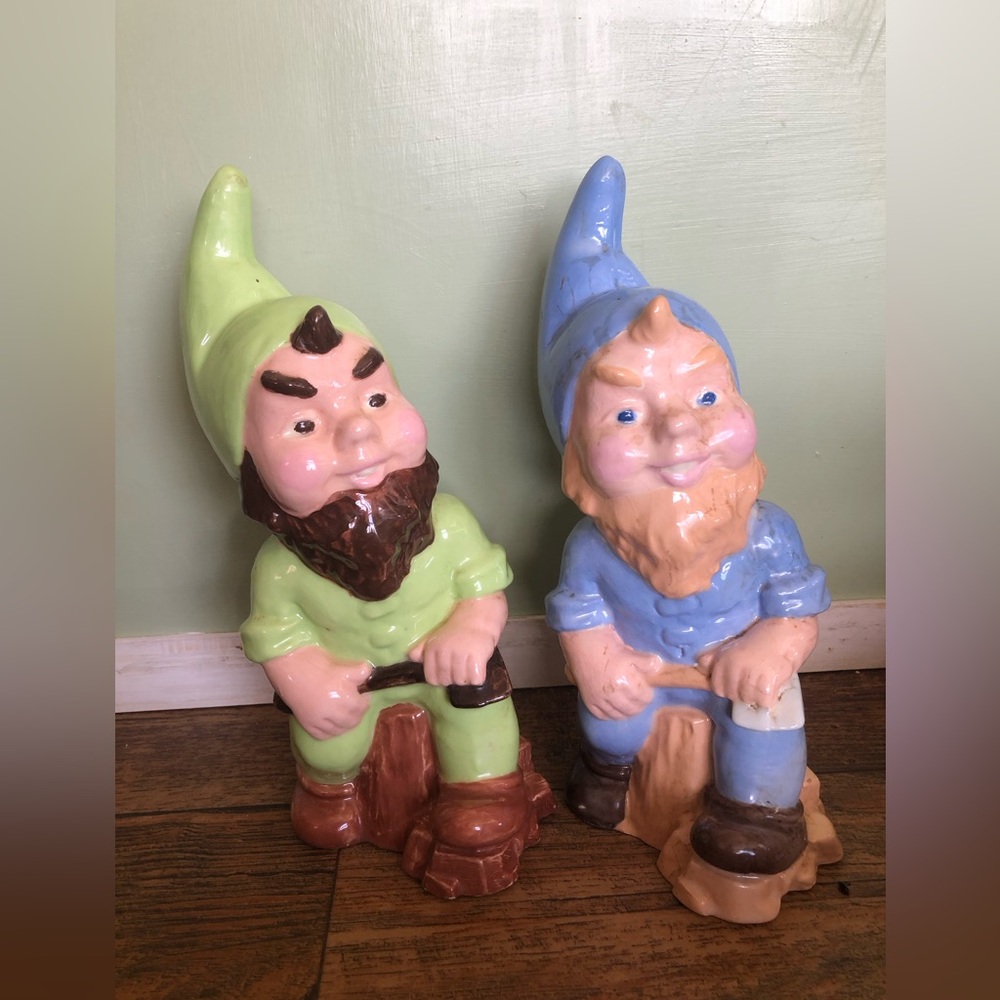 Creston Mold 1978 Elf Garden Gnome Figurines Ceramic, Whimsical Fairy Pair 10”